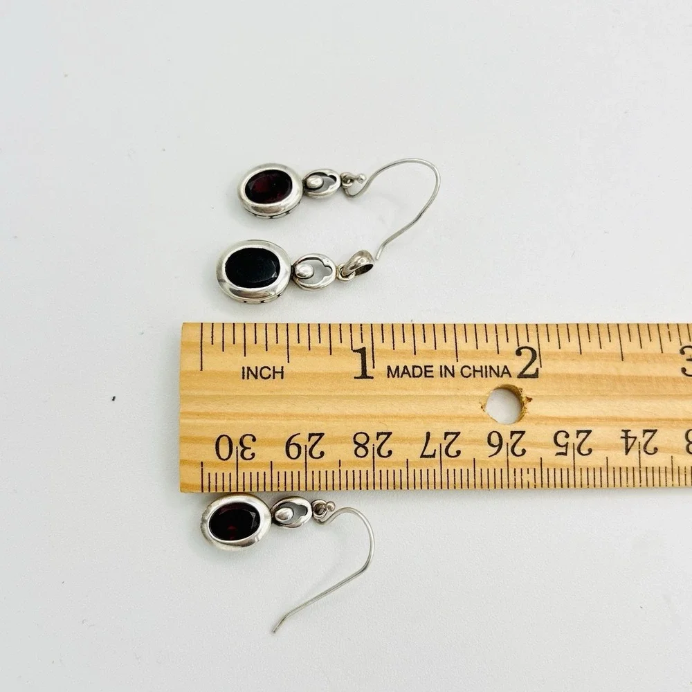 Vintage LUCAS LAMETH LUC 925 Sterling‎ Silver Red Garnet Pendant Dangle Earrings